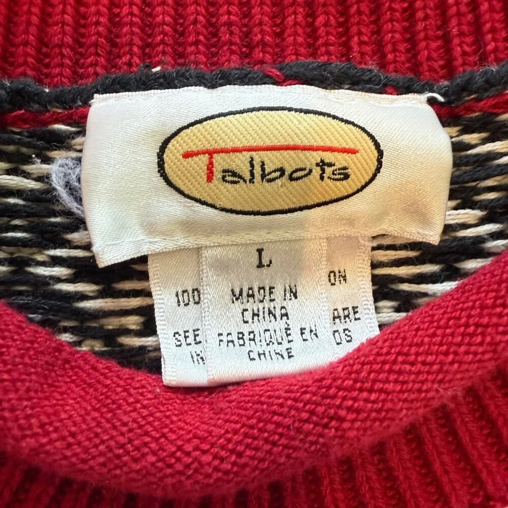 TalbotsVintage Womens Black White Red Diamond Pattern vintage Sweater Size L